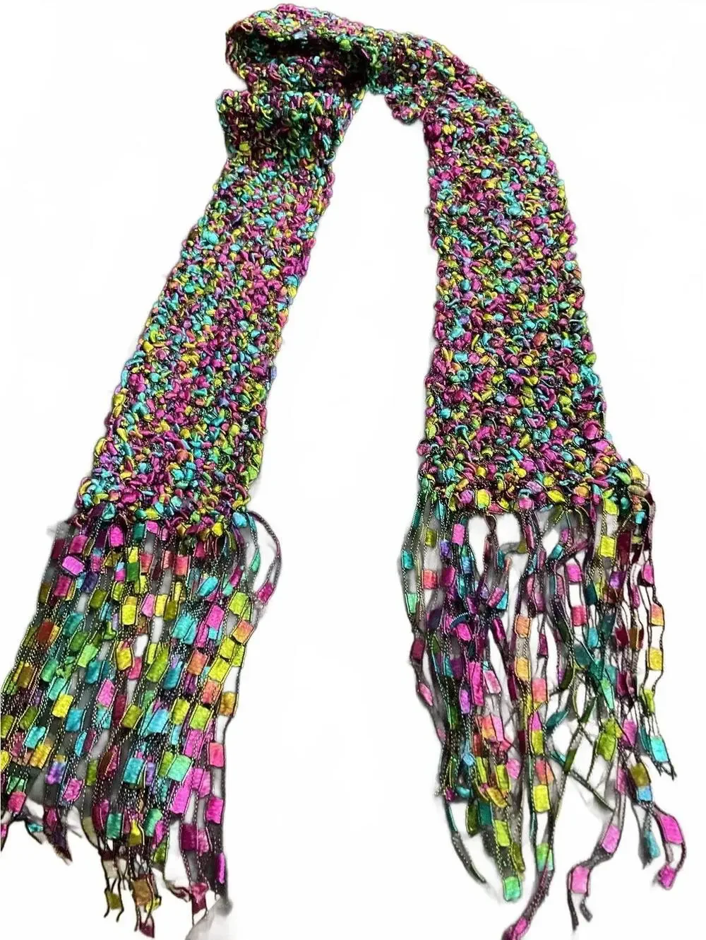 Colorful Handmade Crochet Scarf with Fringe